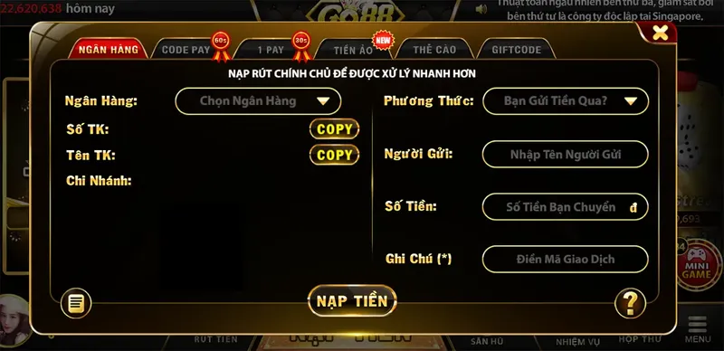 Nạp tiền dễ dàng tại cổng game BienDo88 để bắt đầu cá cược