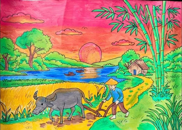 tranh phong cảnh làng quê dễ vẽ​