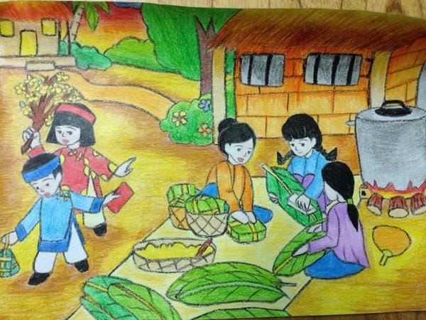 tranh vẽ gia đình ngày tết