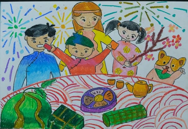tranh vẽ gia đình sum họp ngày tết