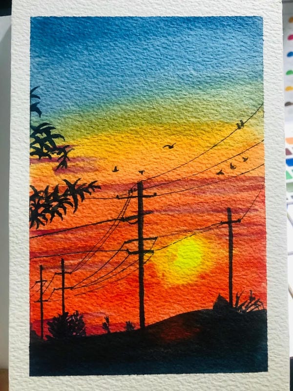 vẽ tranh phong cảnh ban đêm bằng màu nước