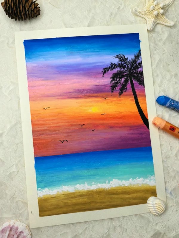 vẽ tranh phong cảnh hoàng hôn trên biển đơn giản