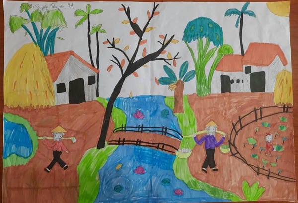 vẽ tranh phong cảnh làng quê đơn giản nhất​