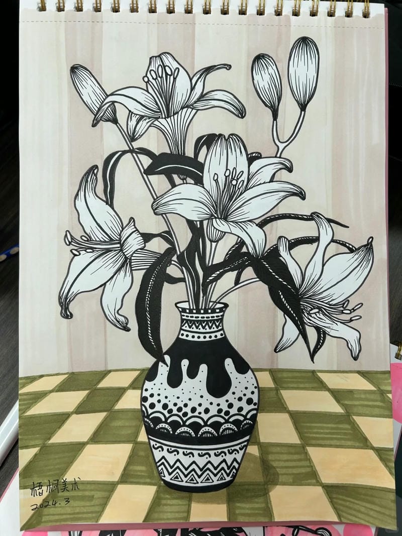 tranh vẽ bình hoa đơn giản 16