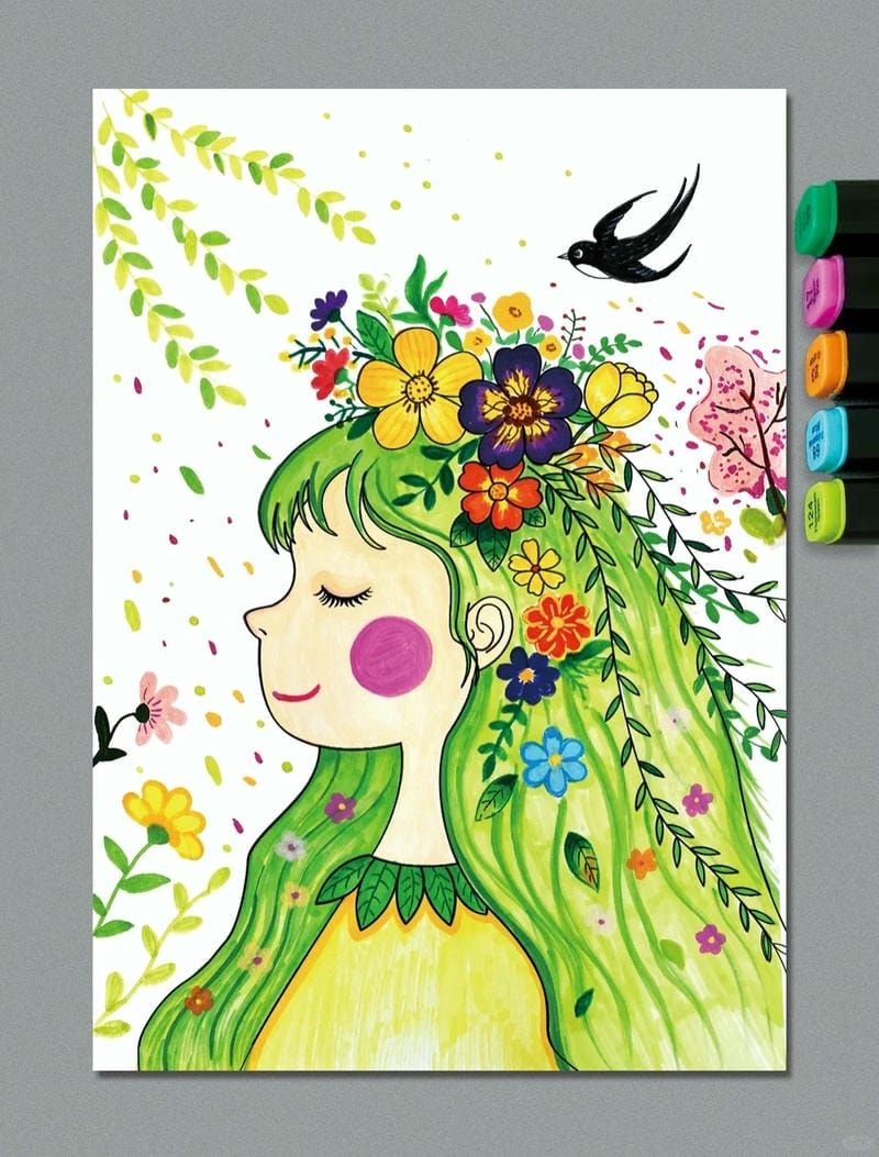 tranh vẽ cô gái và hoa​ 30
