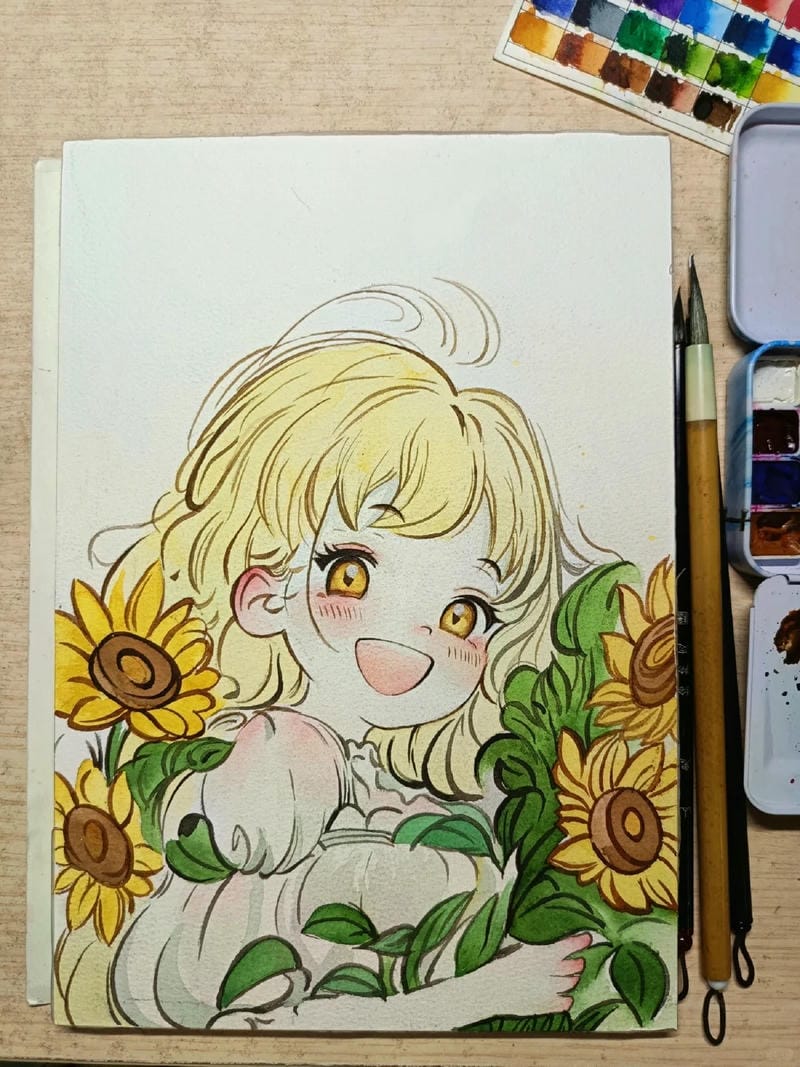 tranh vẽ cô gái và hoa​ 7