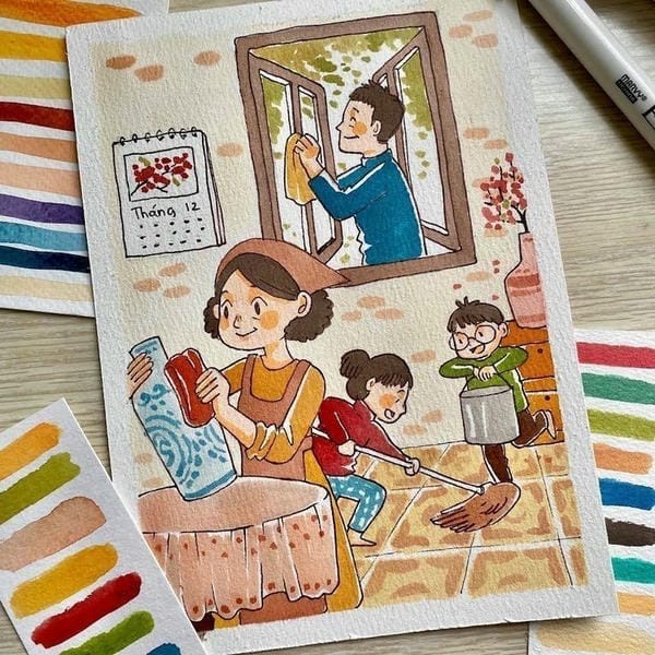 tranh vẽ gia đình 4 người đơn giản