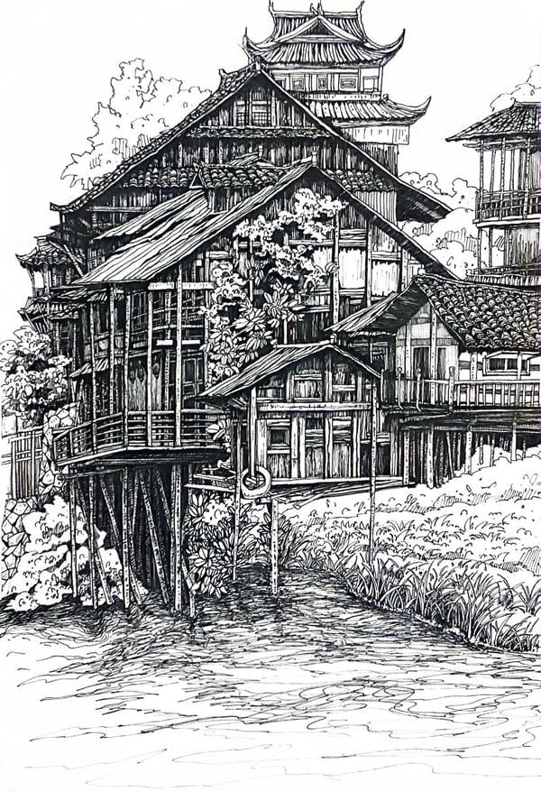 tranh vẽ nhà sàn 9