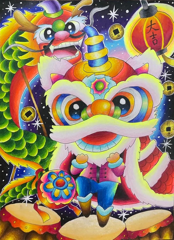 vẽ tranh múa lân ngày tết 12