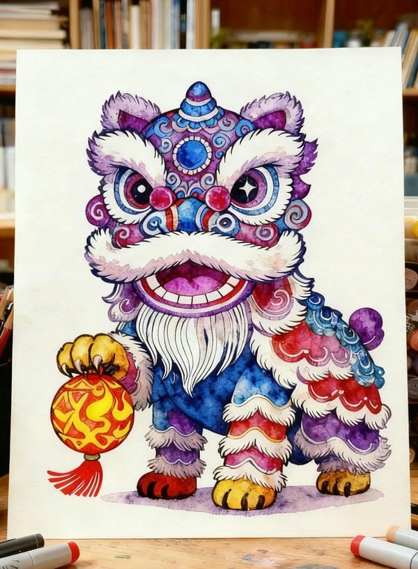 vẽ tranh múa lân ngày tết 9